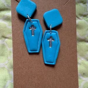 Blue Coffin Handmade Polymer Clay Earrings with Cross Design